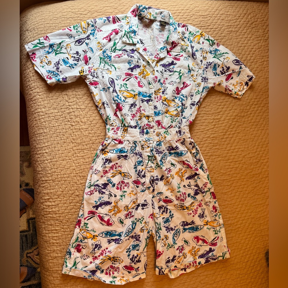 Vintage Eddie Bauer Multicolor Fish Print Shorts Romper, Single Stitch, S, EUC!
